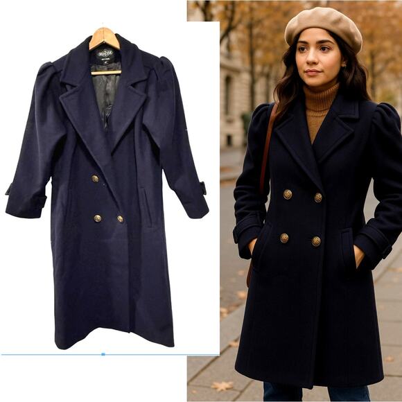 Sezane Vintage 4P Double Breasted Wool Pea Coat Puff Shoulder Jacket Navy Blue - Picture 1 of 14